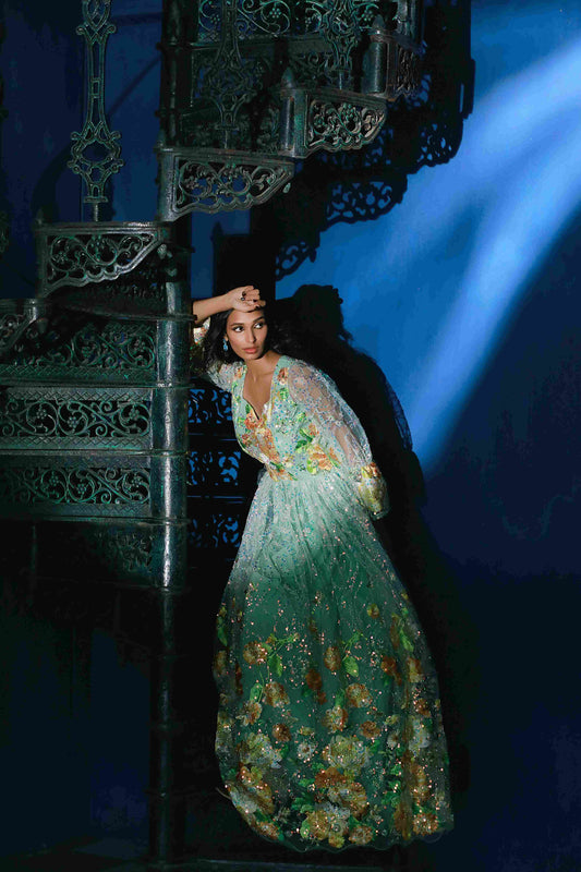 Emerald Blossom Gown – A Floral Symphony in Green