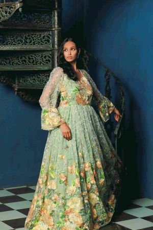 Emerald Blossom Gown – A Floral Symphony in Green